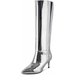 imagewetkiss Knee High Boots for Women with Kitten Heel and Pointed Toe Design Classic and SexyMirrorsilver