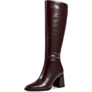 imagewetkiss RhinestonePU Low Chunky Pointed Toe Knee High Boots for Women with Full Bling Sparkly Crystals Booties for Wedding Party Date DressCdark Brown