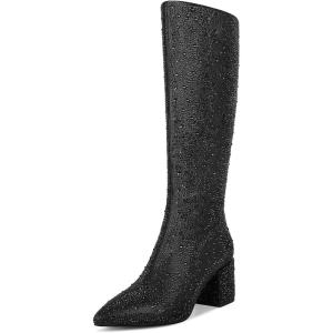 imagewetkiss RhinestonePU Low Chunky Pointed Toe Knee High Boots for Women with Full Bling Sparkly Crystals Booties for Wedding Party Date DressLblack Rhinestone