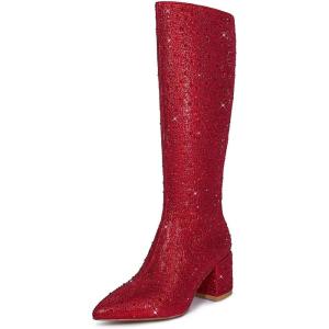 imagewetkiss RhinestonePU Low Chunky Pointed Toe Knee High Boots for Women with Full Bling Sparkly Crystals Booties for Wedding Party Date DressLred Rhinestone