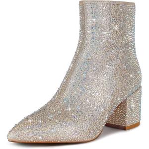 imagewetkiss RhinestonePU Low Chunky Pointed Toe Knee High Boots for Women with Full Bling Sparkly Crystals Booties for Wedding Party Date DressRhinestone Champagne