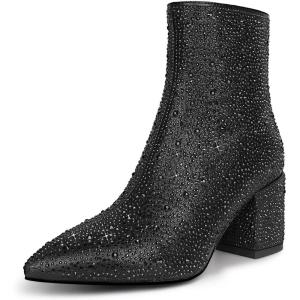 imagewetkiss RhinestonePU Low Chunky Pointed Toe Knee High Boots for Women with Full Bling Sparkly Crystals Booties for Wedding Party Date DressRhinestone Black