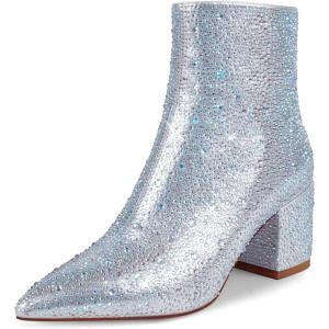 imagewetkiss RhinestonePU Low Chunky Pointed Toe Knee High Boots for Women with Full Bling Sparkly Crystals Booties for Wedding Party Date DressRhinestone Silver