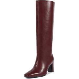 imagewetkiss Straight Leg Knee High Boots for Women Regular Calf Friendly Square Toe Faux Leather Crocodile Print Mid Heel Comfortable BootsBurgundy