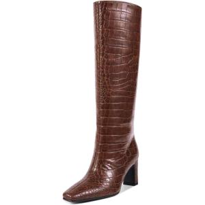 imagewetkiss Straight Leg Knee High Boots for Women Regular Calf Friendly Square Toe Faux Leather Crocodile Print Mid Heel Comfortable BootsCrocodile Brown