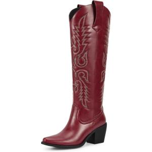 imagewetkiss Womens Tall Cowboy Boots Side Zipper Ladies Cowgirl Knee High BootsComfortable Retro Vintage Embroidery Pointed Toe Block Chunky HeelRed