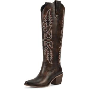 imagewetkiss Womens Tall Cowboy Boots Side Zipper Ladies Cowgirl Knee High BootsComfortable Retro Vintage Embroidery Pointed Toe Block Chunky HeelVintage Chocolate Brown