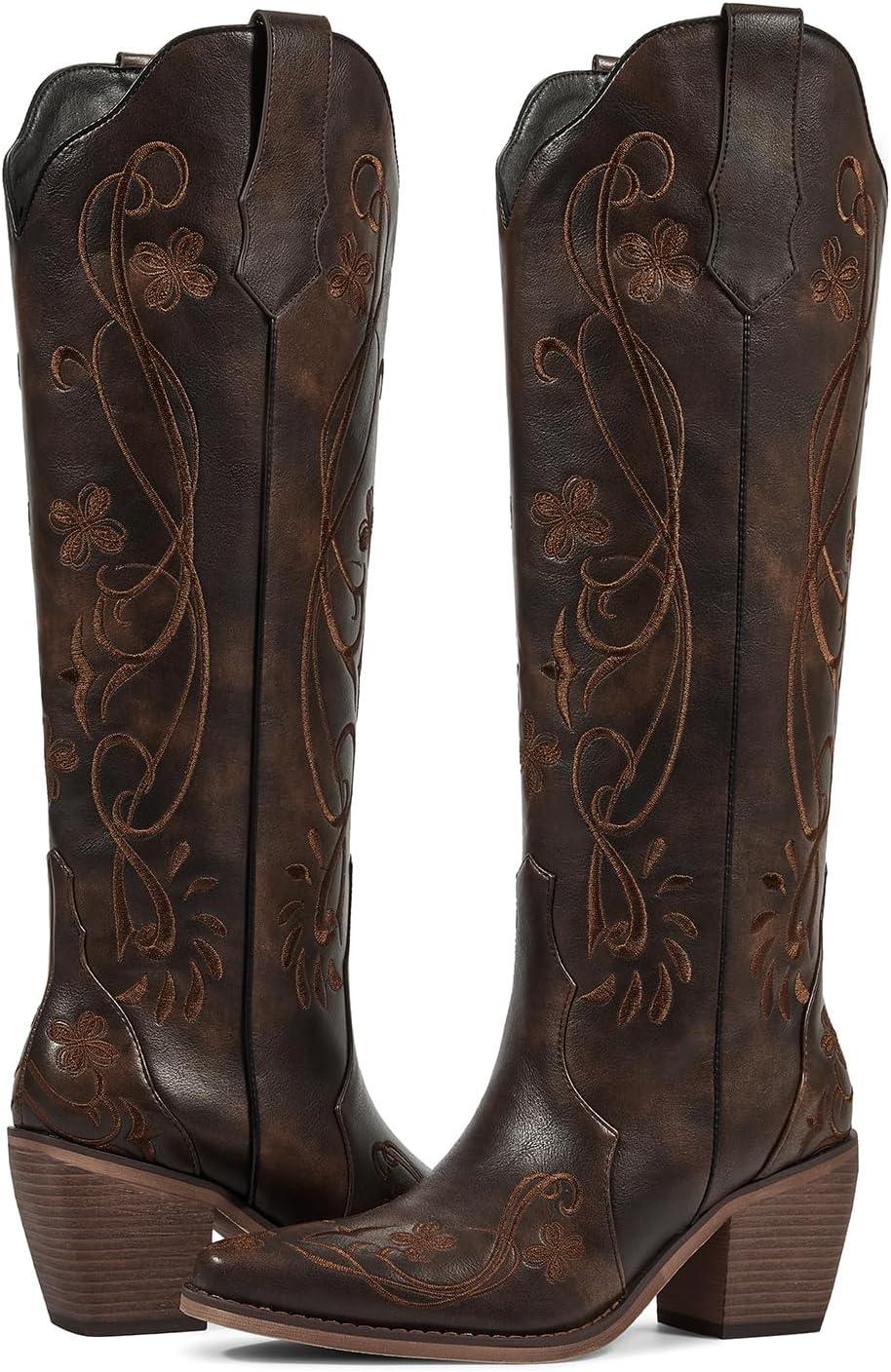 imagewetkiss Cowboy Boots for Women Knee High Cowgirl Boots Western Boots with Floral Embroidered Pointed Toe Chunky Heel Pull On Retro Vintage Classic Tall Boots for LadiesVintage Brown Floral