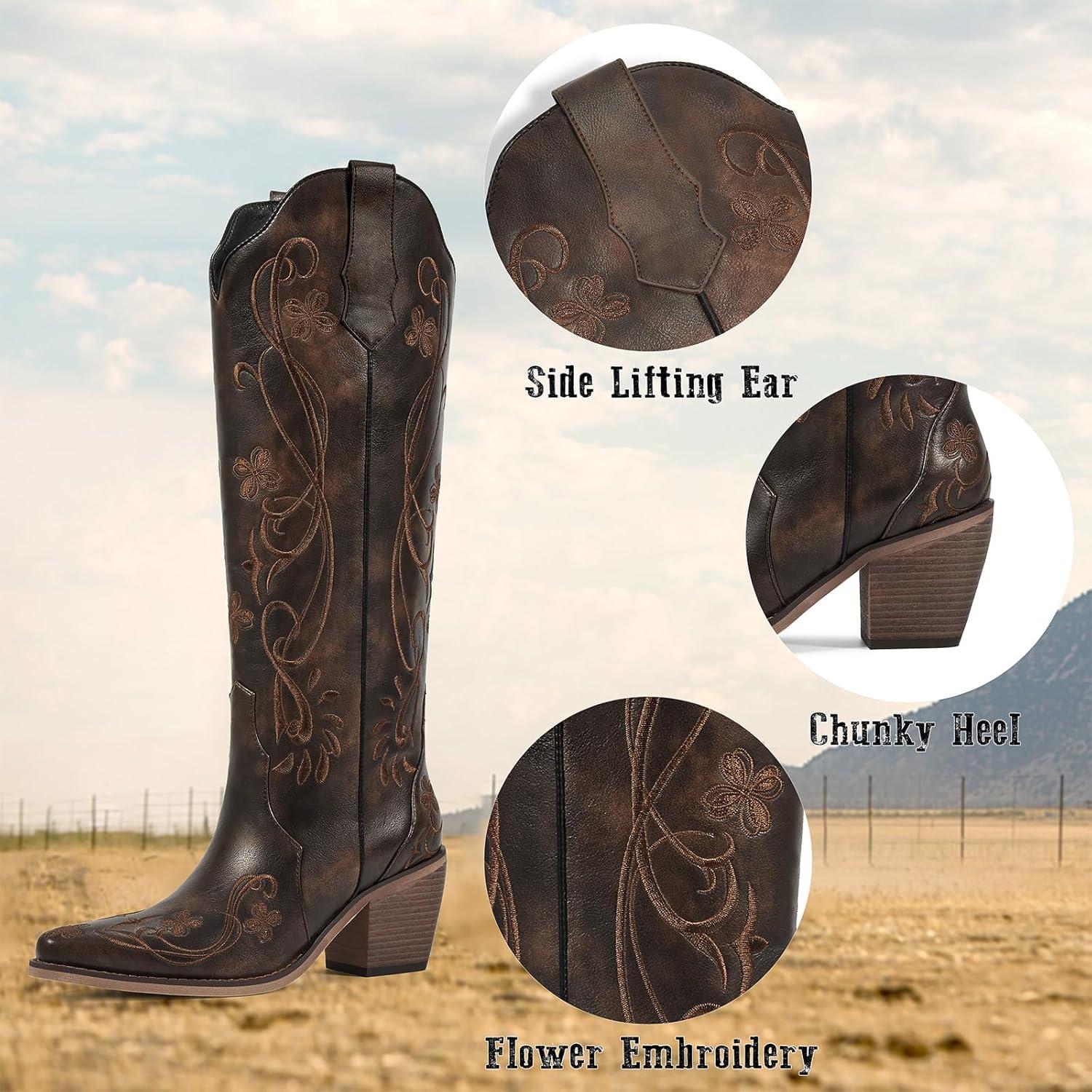 imagewetkiss Cowboy Boots for Women Knee High Cowgirl Boots Western Boots with Floral Embroidered Pointed Toe Chunky Heel Pull On Retro Vintage Classic Tall Boots for LadiesVintage Brown Floral