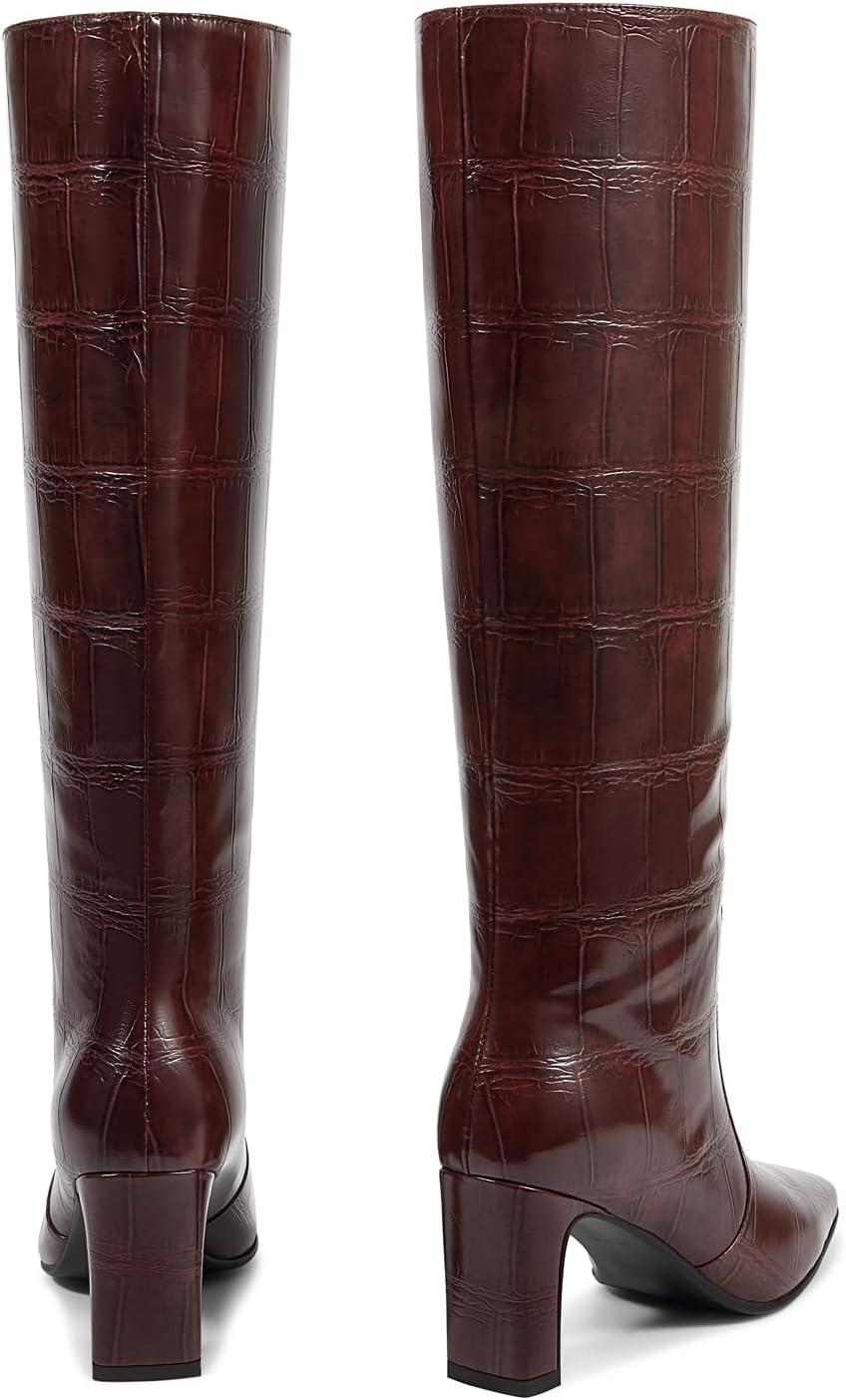 imagewetkiss Straight Leg Knee High Boots for Women Regular Calf Friendly Square Toe Faux Leather Crocodile Print Mid Heel Comfortable BootsBurgundy Crocembossed Effect