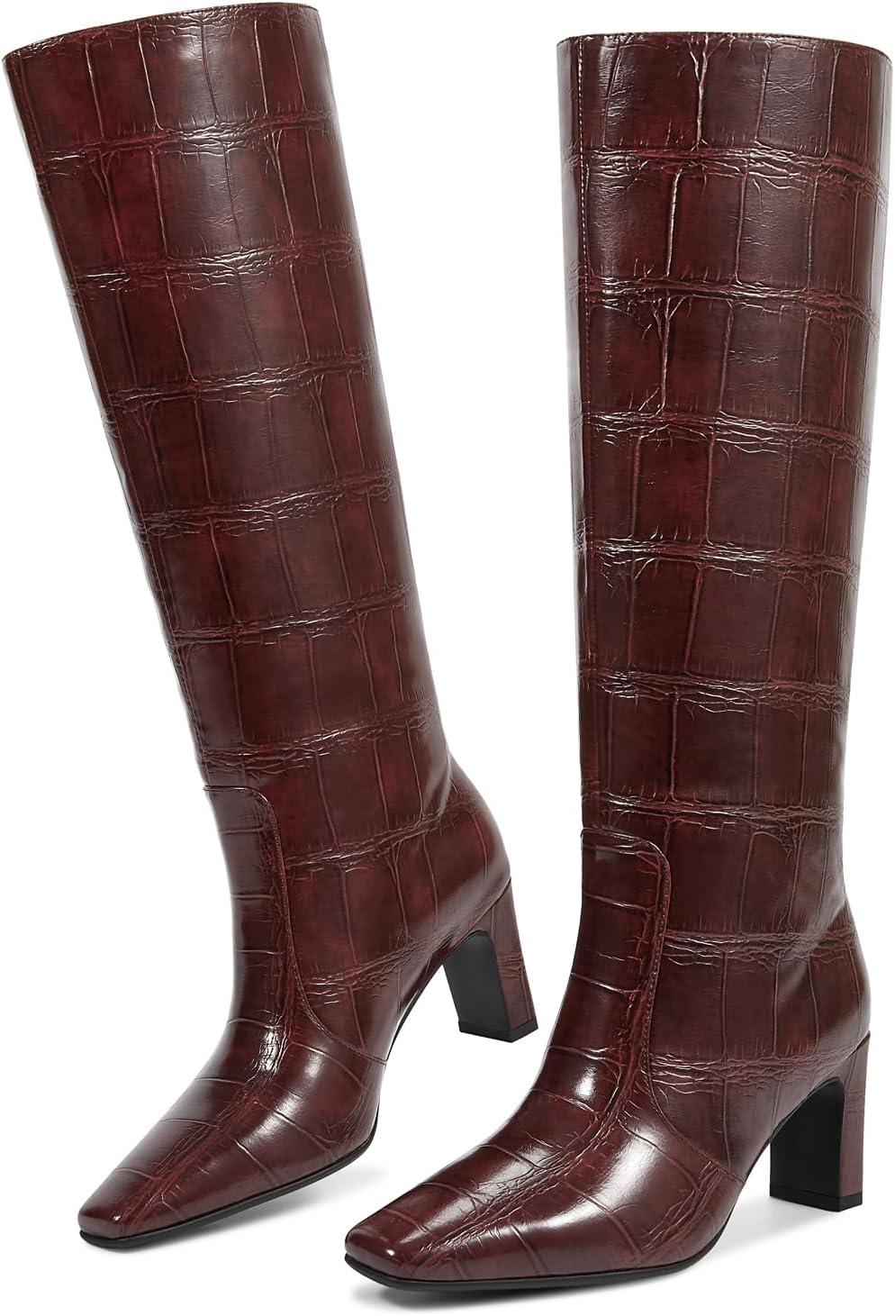 imagewetkiss Straight Leg Knee High Boots for Women Regular Calf Friendly Square Toe Faux Leather Crocodile Print Mid Heel Comfortable BootsBurgundy Crocembossed Effect