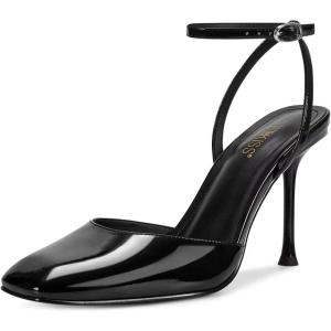 imagewetkiss Heels for Women Square Toe Pumps Ankle Strap Stiletto High Heels Patent Leather Pumps for Dress Wedding Party ClubPatent Black