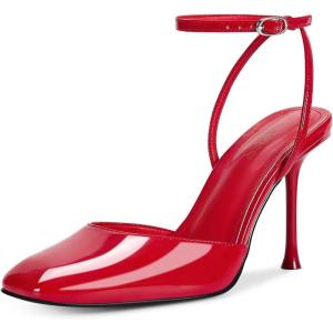 imagewetkiss Heels for Women Square Toe Pumps Ankle Strap Stiletto High Heels Patent Leather Pumps for Dress Wedding Party ClubPatent Red