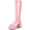 imagewetkiss Platform Knee High Boots Women Chunky High Heel Black Boots for Women Gogo Boot with Side Zipper Stretchy Boot Not for Bigger Wide CalfLowpatentpink