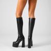 imagewetkiss Platform Knee High Boots Women Chunky High Heel Black Boots for Women Gogo Boot with Side Zipper Stretchy Boot Not for Bigger Wide CalfBlack