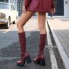 imagewetkiss Platform Knee High Boots Women Chunky High Heel Black Boots for Women Gogo Boot with Side Zipper Stretchy Boot Not for Bigger Wide CalfBurgundy Rib Details