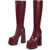 imagewetkiss Platform Knee High Boots Women Chunky High Heel Black Boots for Women Gogo Boot with Side Zipper Stretchy Boot Not for Bigger Wide CalfBurgundy