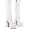 imagewetkiss Platform Knee High Boots Women Chunky High Heel Black Boots for Women Gogo Boot with Side Zipper Stretchy Boot Not for Bigger Wide CalfMatte White