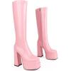 imagewetkiss Platform Knee High Boots Women Chunky High Heel Black Boots for Women Gogo Boot with Side Zipper Stretchy Boot Not for Bigger Wide CalfPatent Pink