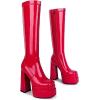imagewetkiss Platform Knee High Boots Women Chunky High Heel Black Boots for Women Gogo Boot with Side Zipper Stretchy Boot Not for Bigger Wide CalfPatent Red