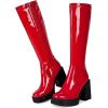 imagewetkiss Platform Knee High Boots Women Chunky High Heel Black Boots for Women Gogo Boot with Side Zipper Stretchy Boot Not for Bigger Wide CalfPatent Red Rib Details