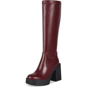 imagewetkiss Platform Knee High Boots Women Chunky High Heel Black Boots for Women Gogo Boot with Side Zipper Stretchy Boot Not for Bigger Wide CalfBurgundy Rib Details