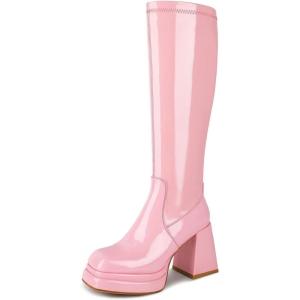 imagewetkiss Platform Knee High Boots Women Chunky High Heel Black Boots for Women Gogo Boot with Side Zipper Stretchy Boot Not for Bigger Wide CalfLowpatentpink