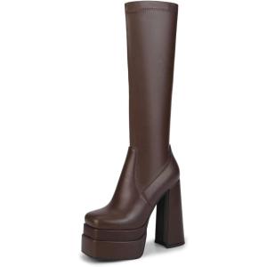 imagewetkiss Platform Knee High Boots Women Chunky High Heel Black Boots for Women Gogo Boot with Side Zipper Stretchy Boot Not for Bigger Wide CalfMatte Brown