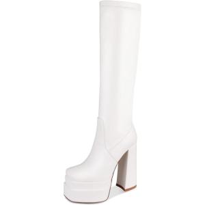 imagewetkiss Platform Knee High Boots Women Chunky High Heel Black Boots for Women Gogo Boot with Side Zipper Stretchy Boot Not for Bigger Wide CalfMatte White