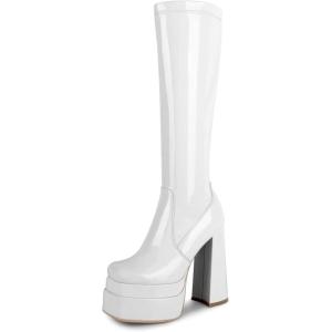 imagewetkiss Platform Knee High Boots Women Chunky High Heel Black Boots for Women Gogo Boot with Side Zipper Stretchy Boot Not for Bigger Wide CalfPatent White