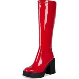 imagewetkiss Platform Knee High Boots Women Chunky High Heel Black Boots for Women Gogo Boot with Side Zipper Stretchy Boot Not for Bigger Wide CalfPatent Red Rib Details