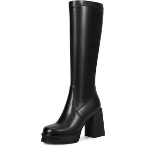 imagewetkiss Platform Knee High Boots Women Chunky High Heel Black Boots for Women Gogo Boot with Side Zipper Stretchy Boot Not for Bigger Wide CalfPlatform Chunkymatteblack