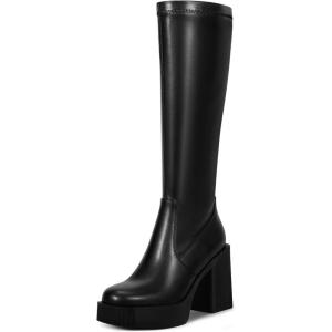 imagewetkiss Platform Knee High Boots Women Chunky High Heel Black Boots for Women Gogo Boot with Side Zipper Stretchy Boot Not for Bigger Wide CalfRib Details Platformmattelack