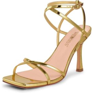 imagewetkiss Strappy Heels Women Stiletto High Heeled Sandals Adjustable Ankle Strap Square Open Toe For Homecoming Party Dress WeddingMirror Gold