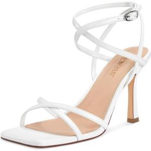 imagewetkiss Strappy Heels Women Stiletto High Heeled Sandals Adjustable Ankle Strap Square Open Toe For Homecoming Party Dress WeddingWhite