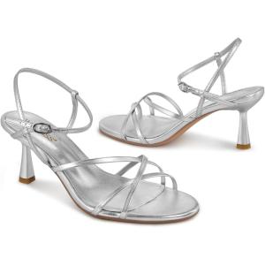 imagewetkiss Strappy Kitten Heels For Women Low Heel Comfy Sandals Adjustable Ankle Strap Round Open Toe For Homecoming Party Dress Wedding Gold Black White Red Silver AvailableSilver