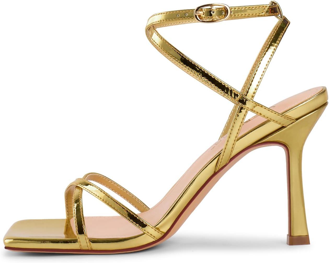 imagewetkiss Strappy Heels Women Stiletto High Heeled Sandals Adjustable Ankle Strap Square Open Toe For Homecoming Party Dress WeddingMirror Gold