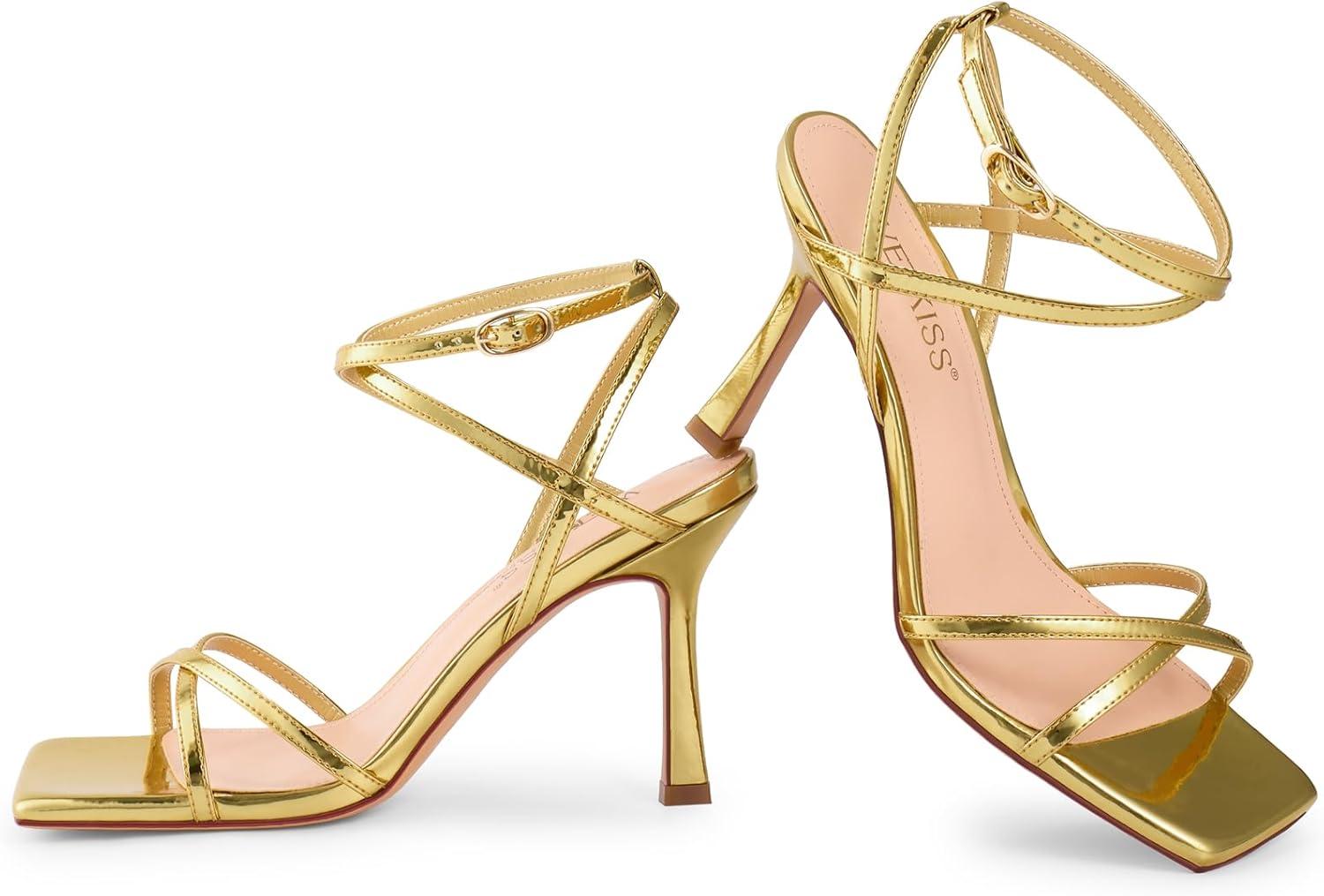 imagewetkiss Strappy Heels Women Stiletto High Heeled Sandals Adjustable Ankle Strap Square Open Toe For Homecoming Party Dress WeddingMirror Gold