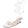 imagewetkiss Womens Lace up Bow Kitten Heeled Sandals Square Open Toe Heels Comfort Dress Wedding Party ShoesWhite