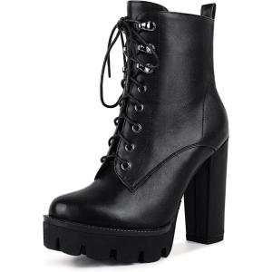 imagewetkiss Platform Boots for Women Heeled Combat Boots Chunky Heel Booties Round Toe Lace Up High Heel Ankle BootsMatte Black