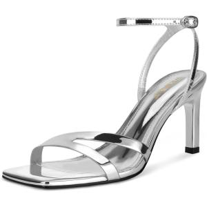 imagewetkiss Womens Heels Square Open Toe Strappy High Heels with Buckle Ankle Strap Heeled Sandals for Women Party Wedding DailySilver