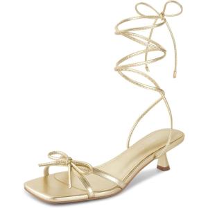 imagewetkiss Womens Lace up Bow Kitten Heeled Sandals Square Open Toe Heels Comfort Dress Wedding Party ShoesGold