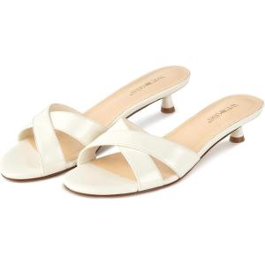 imagewetkiss Womens Heeled Sandals Open Round Toe Slip on Kitten Heel Mules Low Heel Slide Sandals for Women Cross Strap Backless Mule Flats Comfortable Summer Dress HeelsPatent White