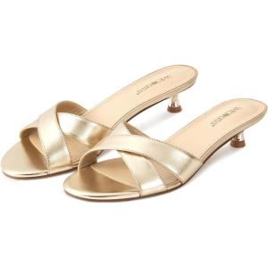 imagewetkiss Womens Heeled Sandals Open Round Toe Slip on Kitten Heel Mules Low Heel Slide Sandals for Women Cross Strap Backless Mule Flats Comfortable Summer Dress HeelsMetal Gold