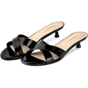 imagewetkiss Womens Heeled Sandals Open Round Toe Slip on Kitten Heel Mules Low Heel Slide Sandals for Women Cross Strap Backless Mule Flats Comfortable Summer Dress HeelsPatent Black