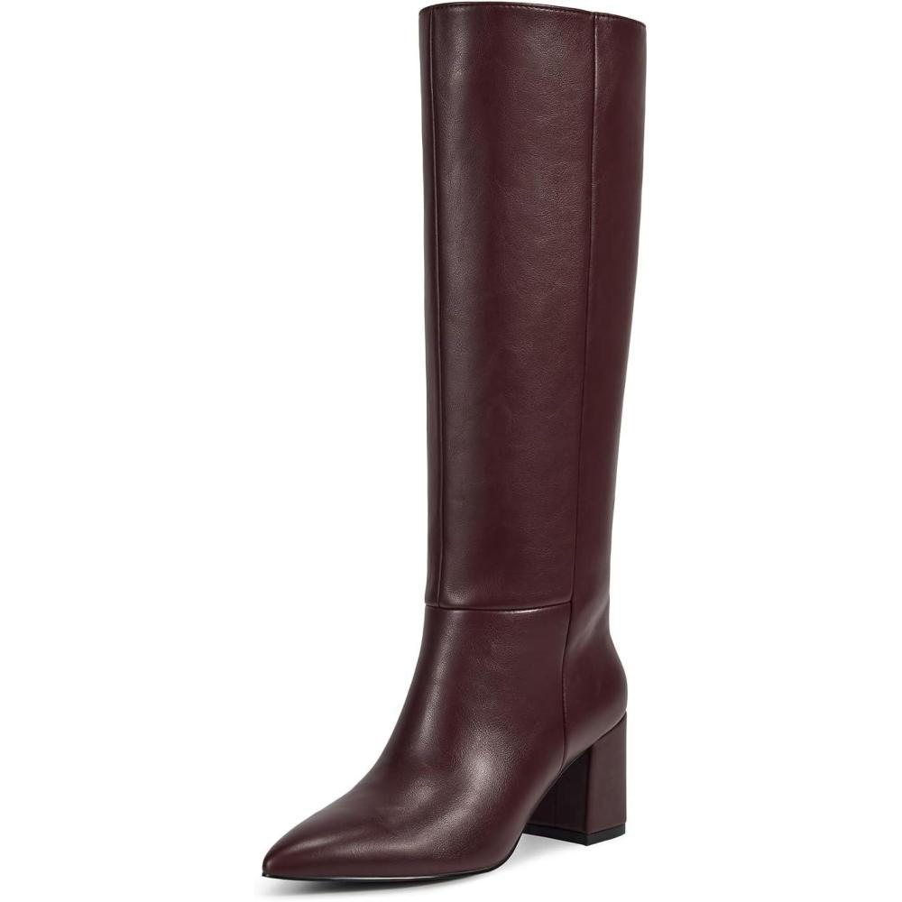 imagewetkiss Knee High Boots Women Pointed Toe Chunky Block Heel Boots with Side Zipper Dress Fashion Fall Long Tall BootBurgundy