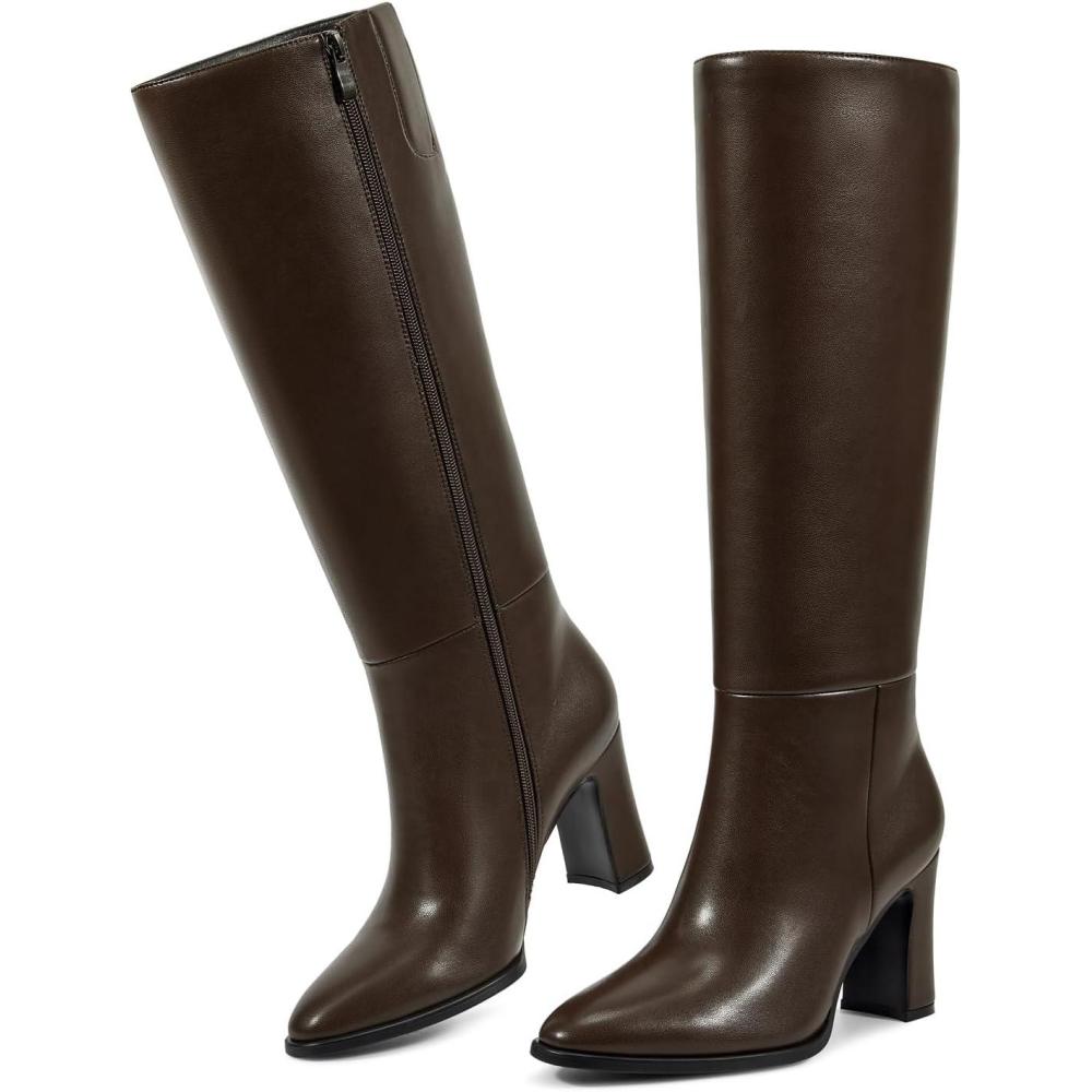 imagewetkiss Knee High Boots for Women Chunky Block Heeled Boots with Full Side Zipper Almond Toe Mid Heel Long Boot Womens Fall Winter Boot for Party Date Prom FestivalChocolate Brown