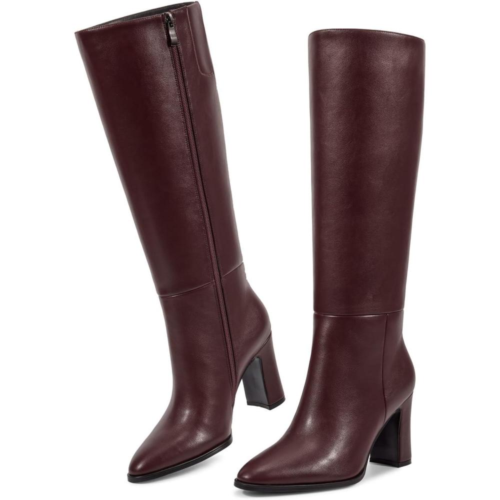 imagewetkiss Knee High Boots for Women Chunky Block Heeled Boots with Full Side Zipper Almond Toe Mid Heel Long Boot Womens Fall Winter Boot for Party Date Prom FestivalMatte Burgundy