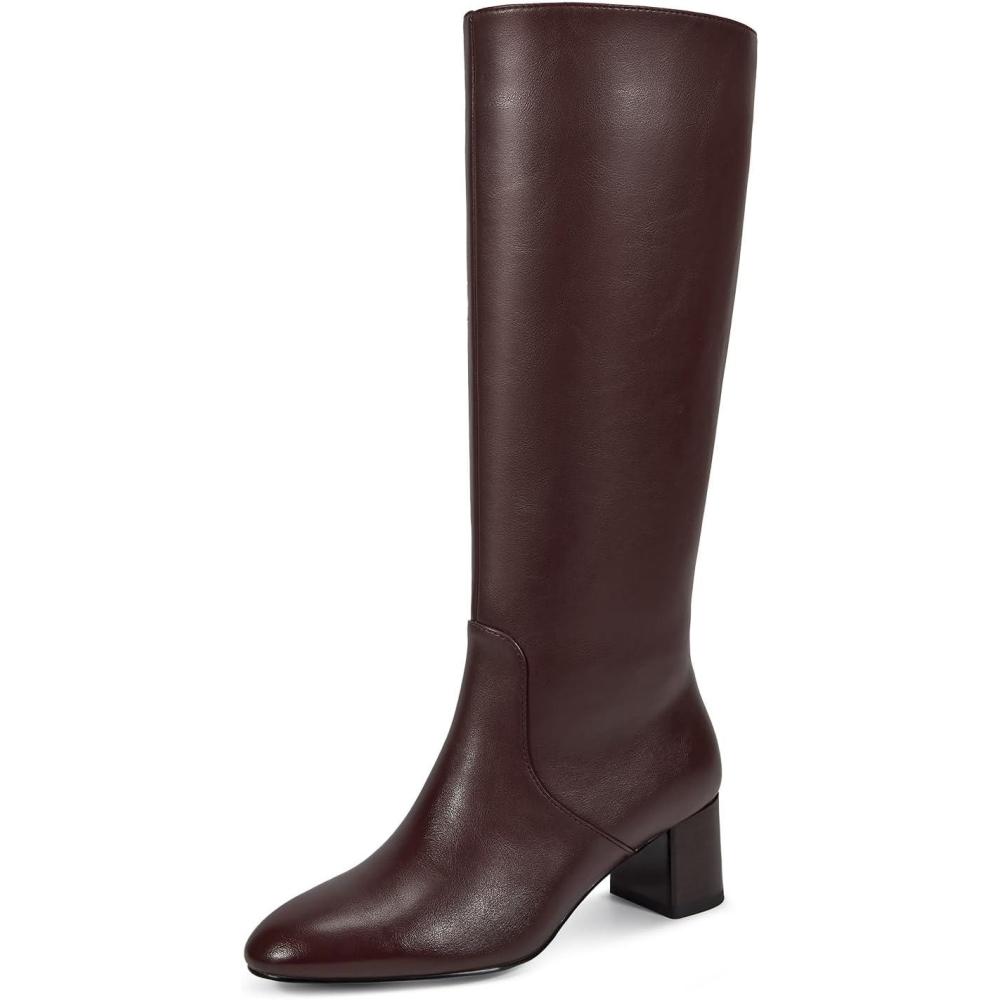 imagewetkiss Low Heel Knee High Boots for Women Regular Calf Friendly Side Zipper Almond Toe Faux Leather Comfortable Boots for Walking Dancing Standing for Long Periods With No PainBurgundy