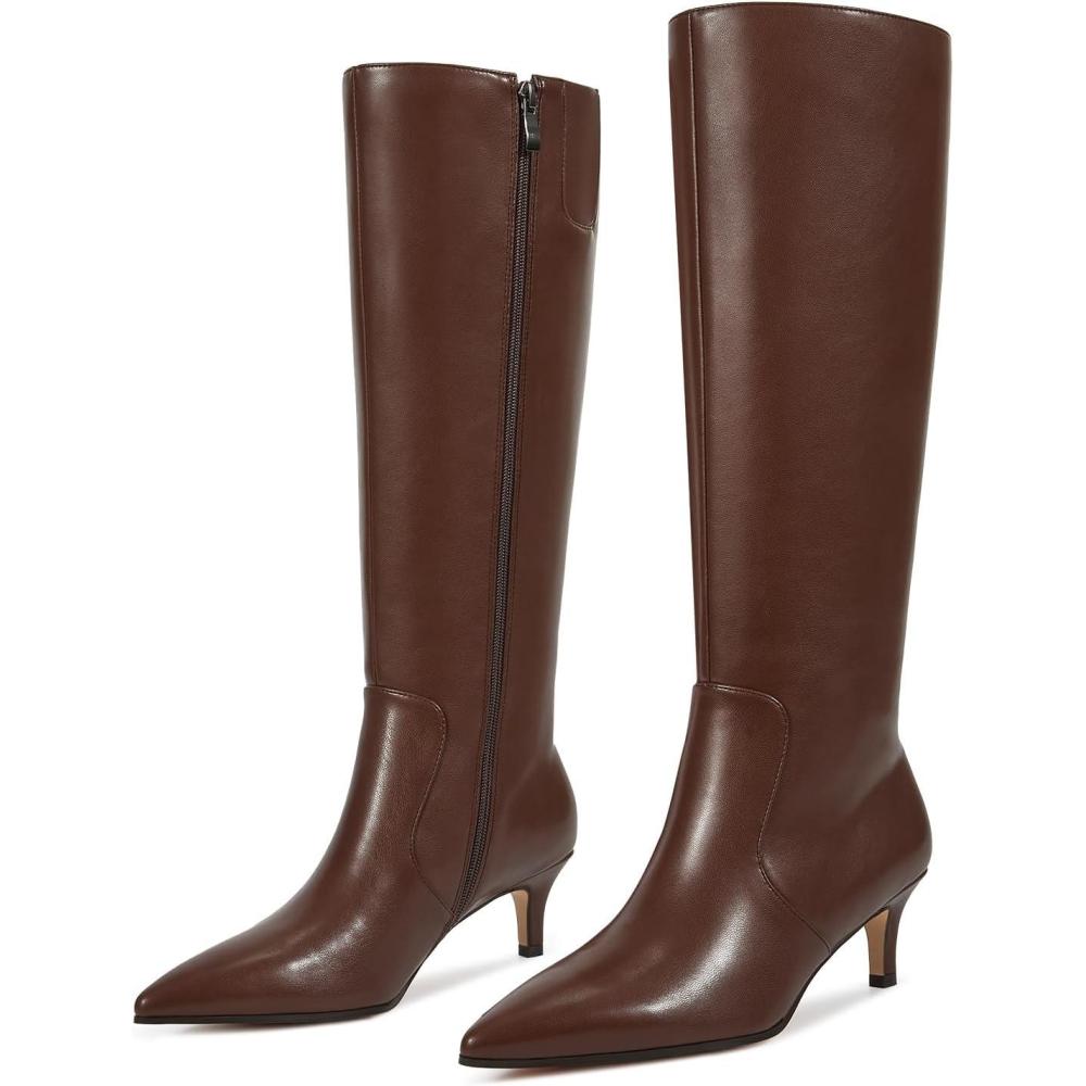 imagewetkiss Low Kitten Heel Women Knee High Boots Regular Calf Friendly Pointed Toe Faux Leather Comfortable Boots with ZipperBrown